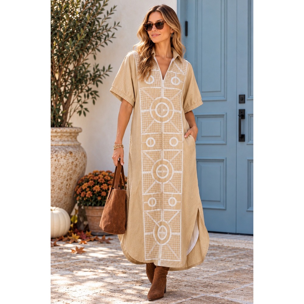 Emily McCarthy Poppy Caften Trellis Tan White Embroidered Midi Dress XS NEW